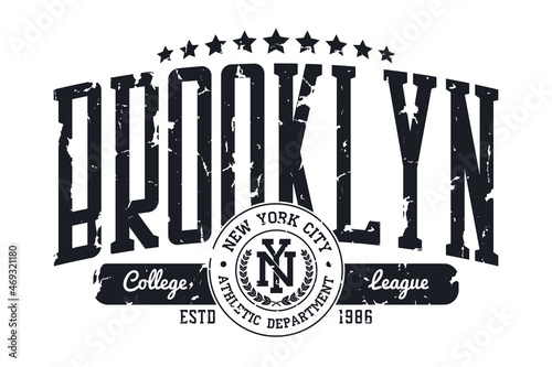 Brooklyn, New York college t-shirt print design. Typography graphics for athletic tee shirt print with grunge. Vector illustration.