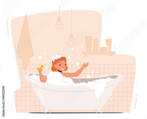 Little Baby Enjoying Bathing in Bathtub. Kid Character Evening Daily Routine. Child Washing in Bathroom with Toy Duck