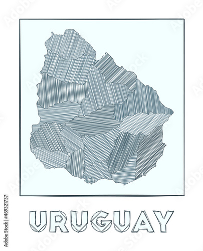 Sketch map of Uruguay. Grayscale hand drawn map of the country. Filled regions with hachure stripes. Vector illustration. photo