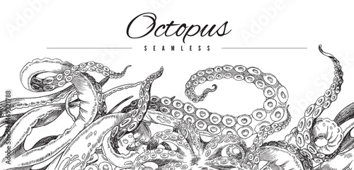 Seamless octopus pattern. Horizontal border, black and white hand drawn horizontal vector illustration photo