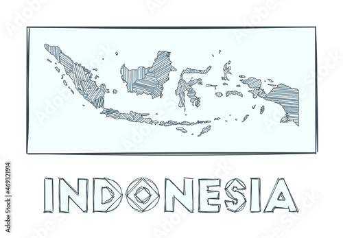 Sketch map of Indonesia. Grayscale hand drawn map of the country. Filled regions with hachure stripes. Vector illustration.