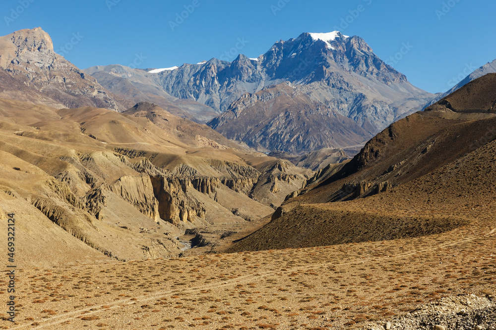 Jhong Khola River and Yakwakang mountain. Mustang District, Nepal