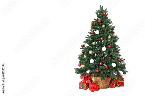 Composition with Christmas tree and gifts isolated on white background