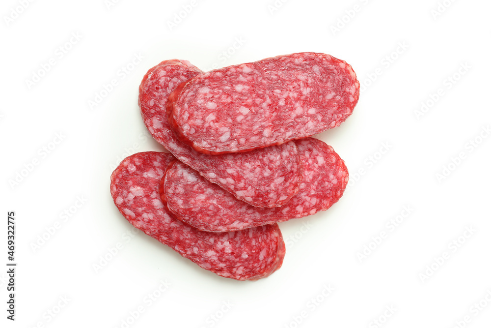Slicing sausage salami isolated on white background Slicing sausage salami isolated on white background