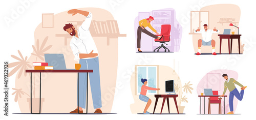 Set Office Workers Exercising at Workplace Concept. Male and Female Characters Doing Workout at Work Place Squatting