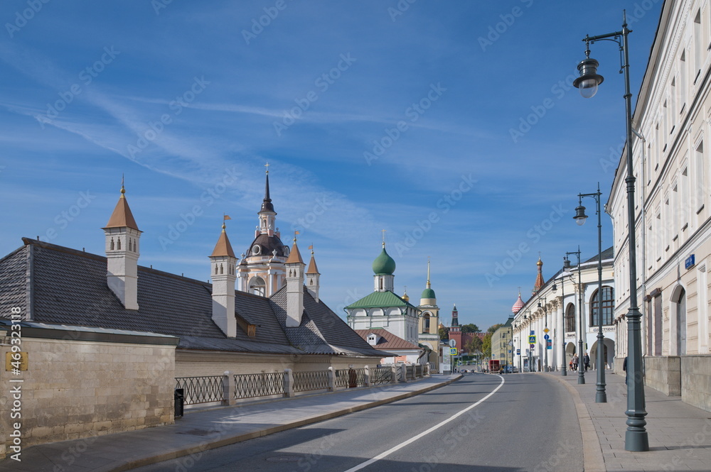 Moscow, Russia - September 29, 2021: View of Varvarka Street and temples