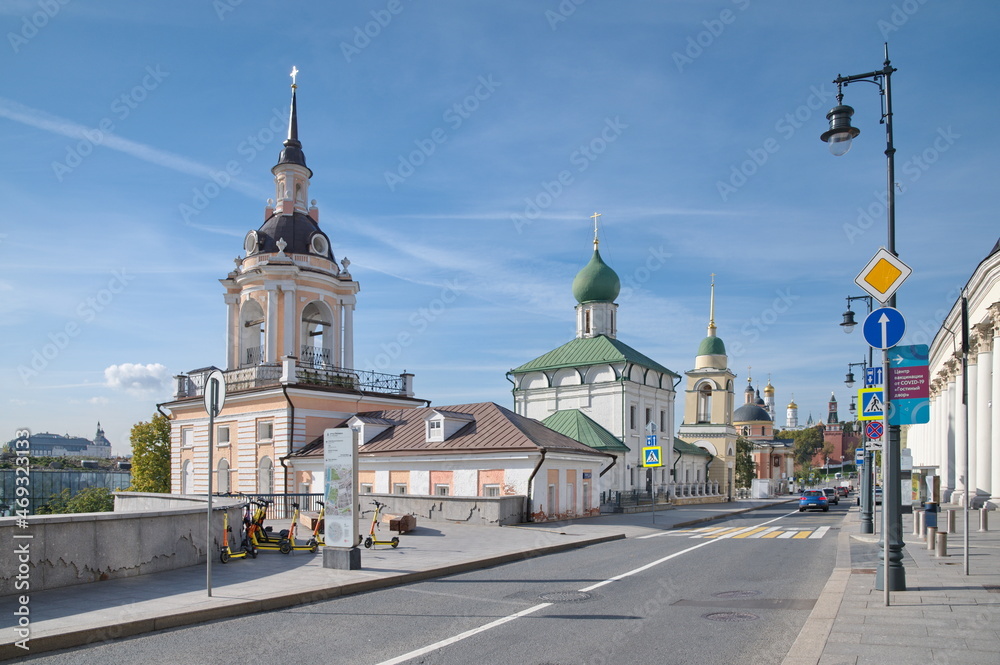 Moscow, Russia - September 29, 2021: View of Varvarka Street, the Church of Maxim the Blessed and the bell tower of the former Znamensky monastery