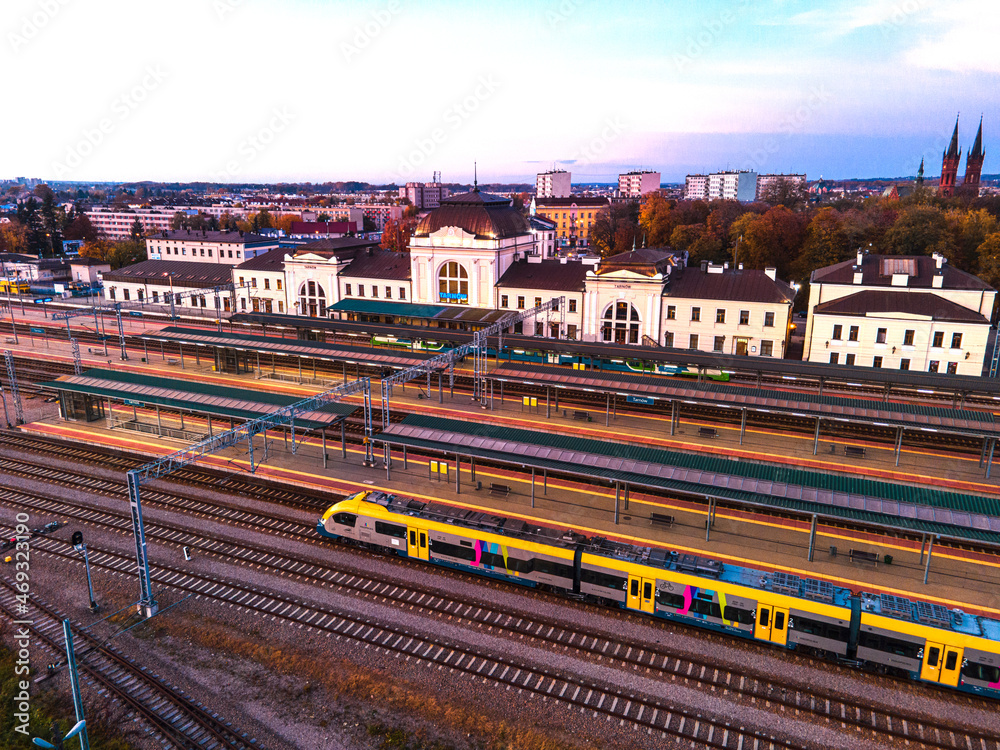 Tarnow Aerial Drone View of Train Station at Sunset