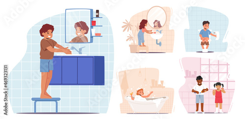 Set Kids Bathing, Washing Hands, Pooping in Toilet, Brushing Teeth. Children Characters Morning or Evening Daily Routine