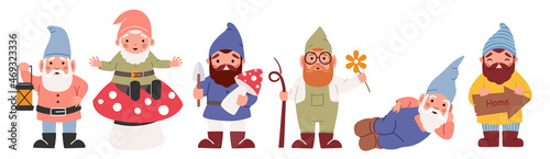 Set of Funny Garden Gnome Isolated on White Background. Cute Elf Characters with Lantern, Spade, Flower and Mushroom