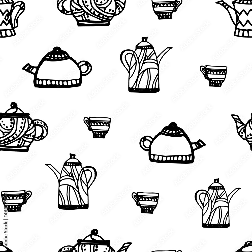 Pattern: teapots, dishes, cups. Vector illustration Pattern: teapots, dishes, cups. Vector illustration