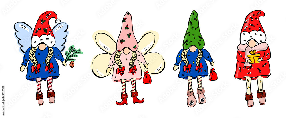 Set of cute christmas girls gnomes. Collection of holidays elves and angels with gifts. Set of cute christmas girls gnomes. Collection of holidays elves and angels with gifts.