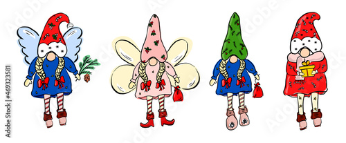 Set of cute christmas girls gnomes. Collection of holidays elves and angels with gifts.