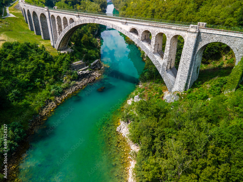 Solkan Bridge in Slovenia over River Soca. World Largest Stone Rail Bridge