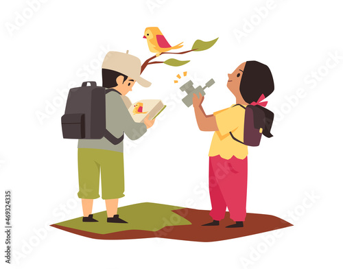 Children observe nature and study wild birds, flat vector illustration isolated.
