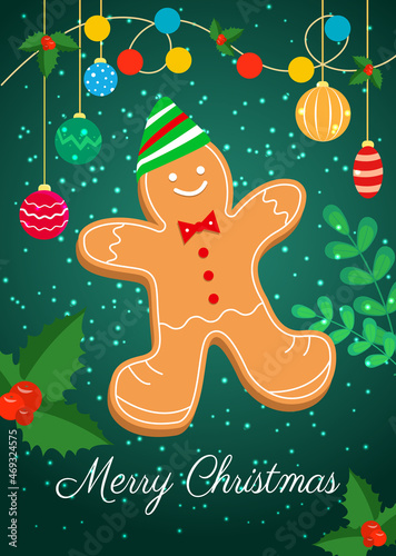A holiday card with a Christmas gingerbread man in a cap. Vector illustration.