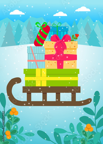 Lots of Christmas gifts on a wooden sleigh in the woods. Vector illustration.