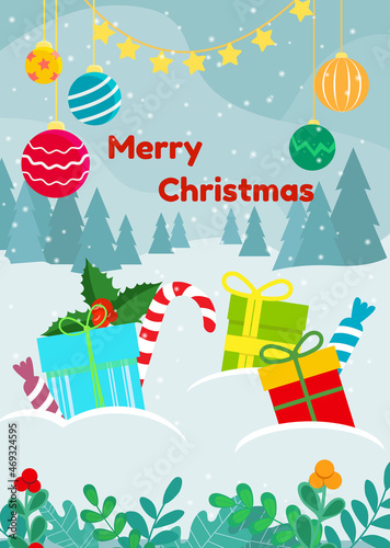 Christmas gifts and sweets in the forest drifts. Vector illustration.