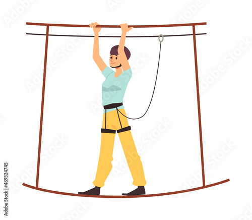 Woman on rope bridge of zipline road attraction, flat vector illustration.