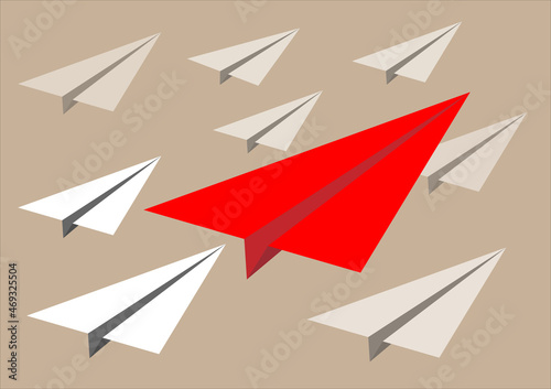 Leadership concept with red paper plane leading among white. Can be used leadership or individuality concepts.