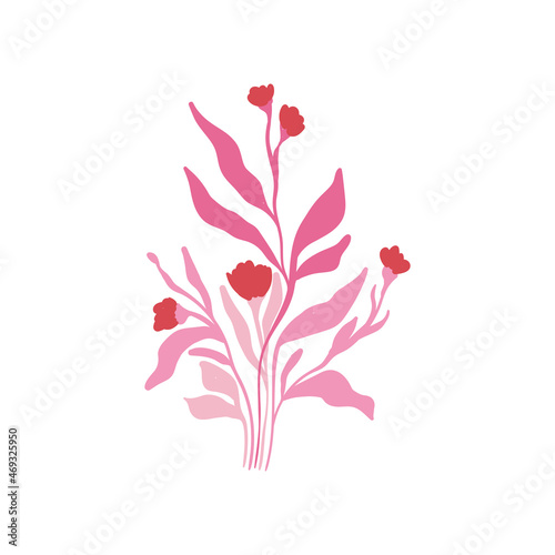 Pink floral elements. Flower and green leaves.Modern trendy Matisse minimal style. Floral poster, invite. Vector arrangements for greeting card or invitation design