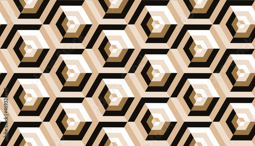 geometric cubes hexagons seamless pattern in ivory gold shades