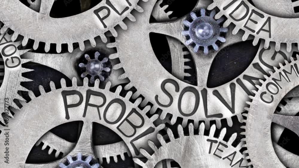Group of rotating tooth wheels with Problem Solving sign imprinted on metal surface. Concept of Goal, Planning, Teamwork and Communication. High quality 4k video.