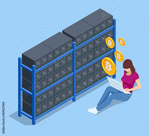 Isometric cryptocurrency mining farm. Cryptocurrency mining equipment. Blockchain system