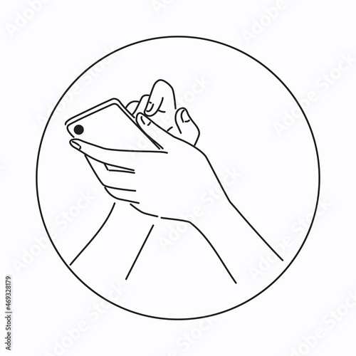 A woman or a man holding a smartphone in her hands, touch gestures, hand drawing style or simpl. Vector black and white illustration.