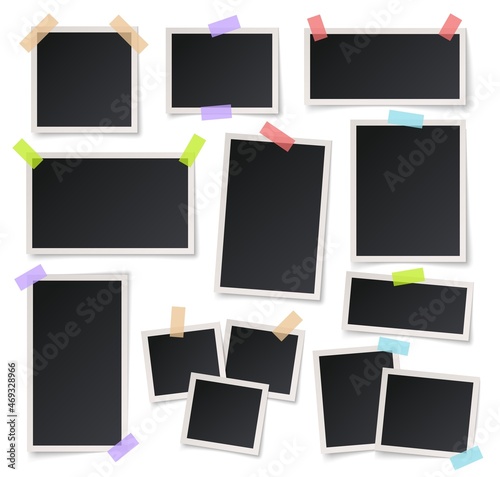 Square photo frames. Photograph frame template  scrapbook elements. Photos album  black memory blank cards on tape exact vector set