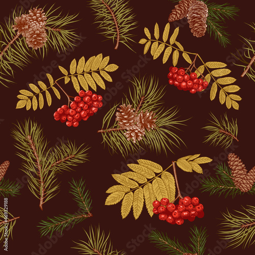 Christmas seamless pattern with rowan  spruce and pine. Dark background. Botanical ornament with cones  branches and red berries. Traditional colors.