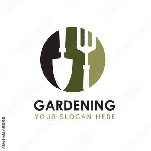 gardening emblem with trowel spade and garden fork isolated on white background