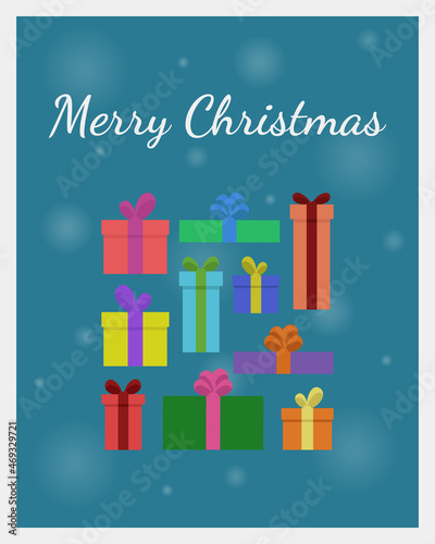Merry Christmas postcard. The inscription and different gifts on a dark blue background. Vector illustration.