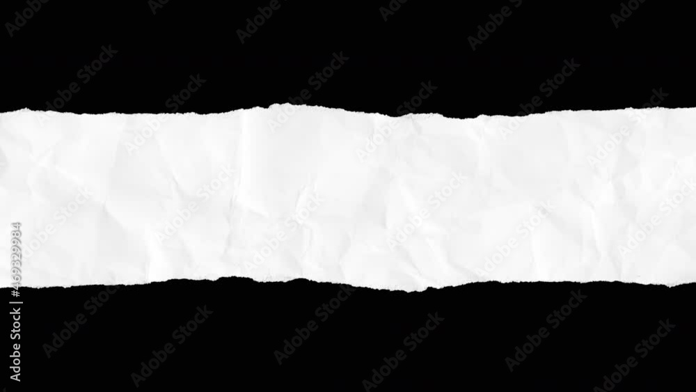 White strip of torn paper on black background. Realistic cartoon wrinkled surface texture in modern trendy stop motion style. Fashion minimal abstract dynamic art animation.