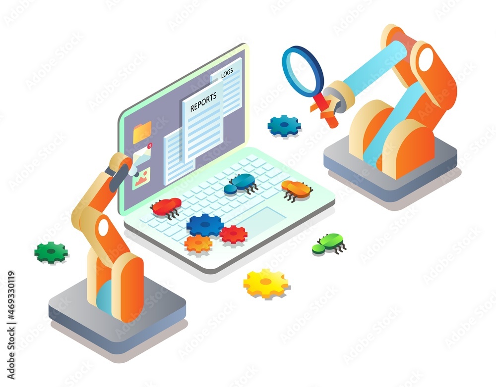 Automated testing software, vector isometric illustration. Software tester, debugging, quality assurance, automation. Automated testing software, vector isometric illustration. Software tester, debugging, quality assurance, automation.