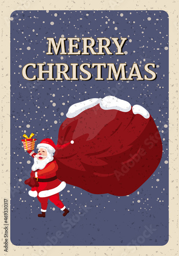 Merry Christmas poster, Santa Claus with big sack of gifts, retro invitation. Vector illustration vintage