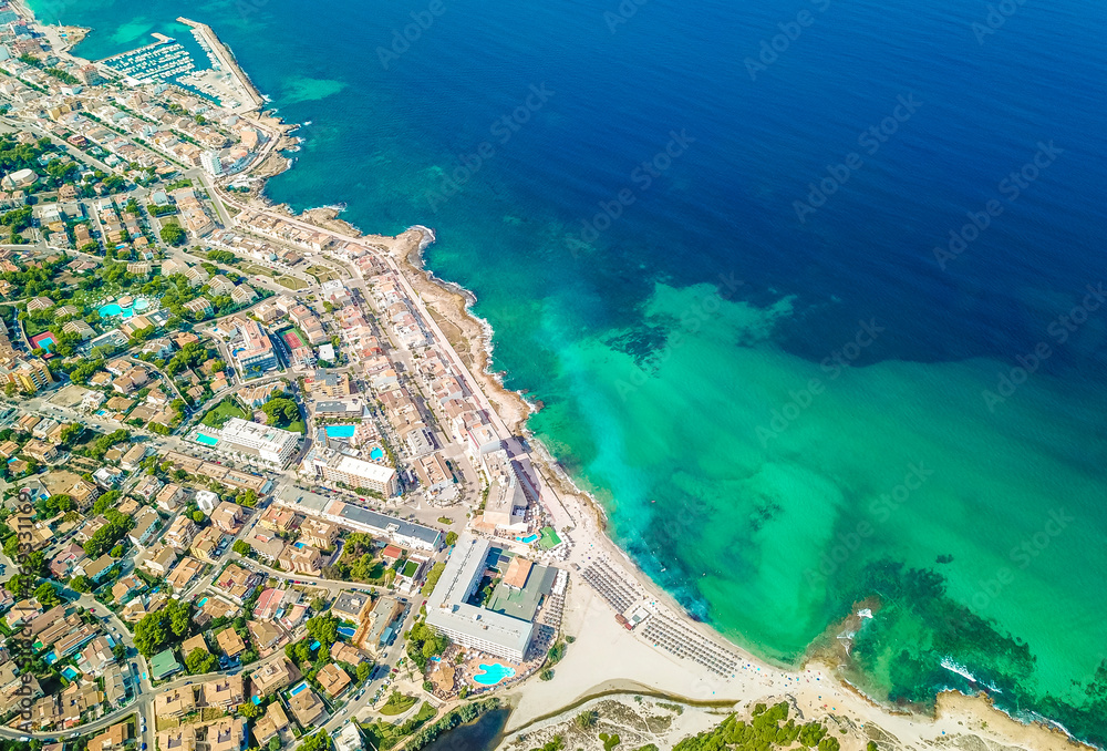 Cityscape and beach drone landscape panorama Can Picafort Mallorca Spain.