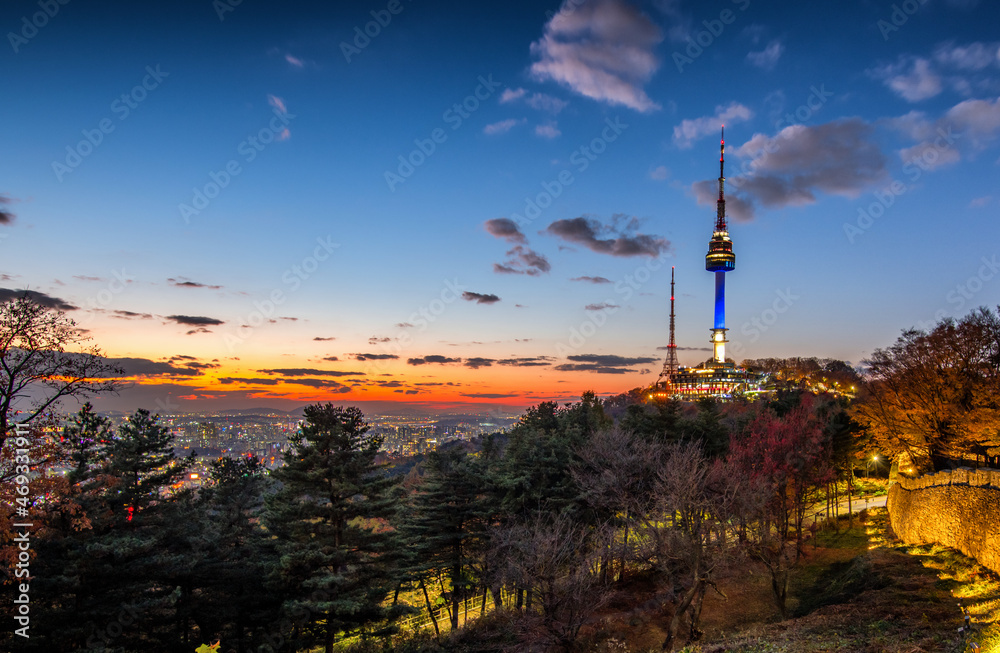 Namsan tower in sunset Seoul South Korea.