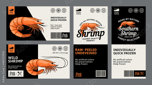Vector shrimp labels and design elements. Prawn illustrations