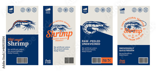 Vector shrimp labels and design elements. Prawn illustrations