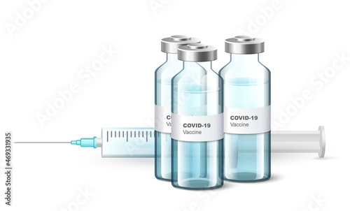 Covid-19 vaccine medical vials, bottles with injection syringe, vector illustration. Coronavirus vaccination.