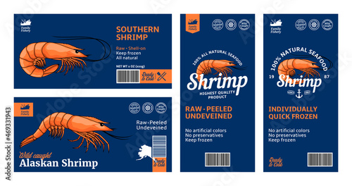 Vector shrimp labels and design elements. Prawn illustrations