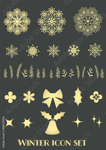 冬に使えるアイコンセット：レース・雪の結晶・植物・ヒイラギ・リボン・光など