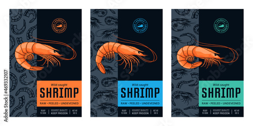 Vector shrimp label or package design. Seafood abstract design template. Prawn illustrations