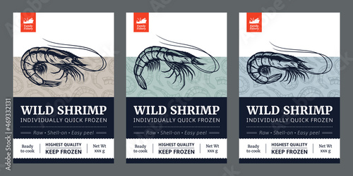 Vector shrimp label or package design. Seafood abstract design template. Prawn illustrations