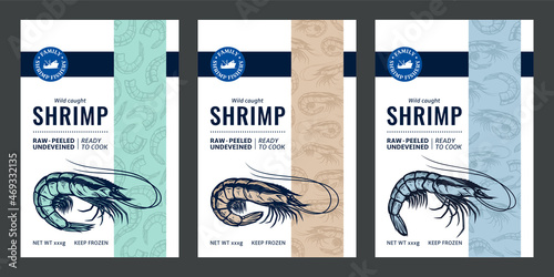 Vector shrimp label or package design. Seafood abstract design template. Prawn illustrations