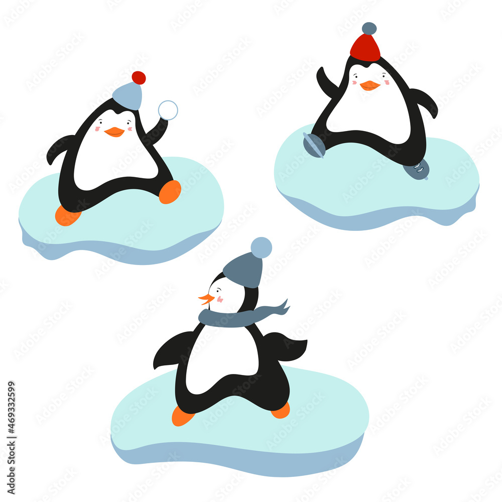 Obraz premium Hand drawn vector set of cute funny various penguins. Different clothing, various poses. Colored trendy illustration. Flat design. All elements are isolated. Pre-made stickers