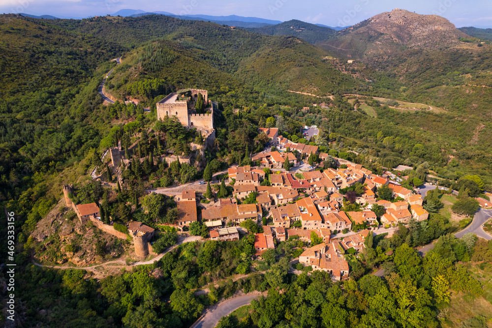 Castle and village of Castelnou aerial shot