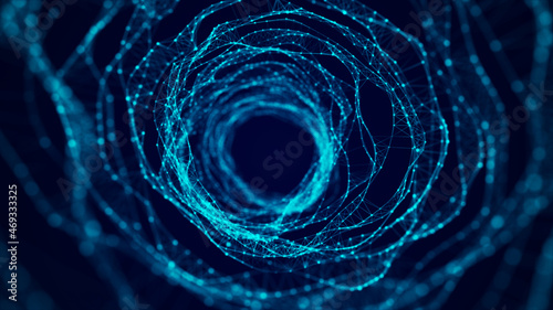 Abstract dynamic wireframe tunnel on blue background. Deep wavy wormhole. Futuristic particle flow. 3d rendering.