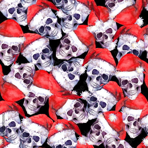 Creepy Christmas - skulls in red holiday hats seamless pattern. Xmas gothic, goth watercolor repeated background photo